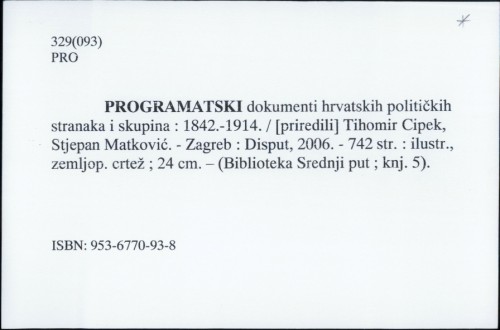 Programatski dokumenti hrvatskih političkih stranaka i skupina : 1842. - 1914. / Tihomir Cipek ...
