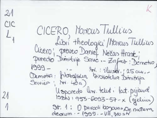 Libri theologici / Marcus Tullius Cicero ; preveo Daniel Nečas Hraste ; priredio Dimitrije Savić