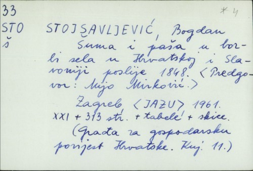 Šuma i paša : u borbi sela u Hrvatskoj i Slavoniji poslije 1848. / Bogdan Stojsavljević ; [predgovor Mijo Mirković].