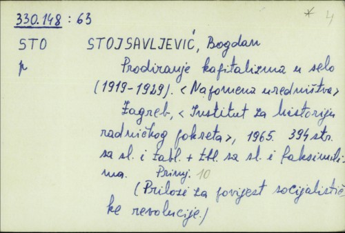 Prodiranje kapitalizma u selo (1919.-1929.) / Bogdan Stojsavljević.