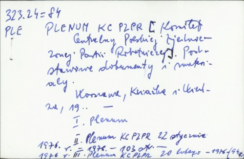 Plenum KC PZPR : Komitet Centralny Polskiej ; podstawowe dokumenty i materiały /