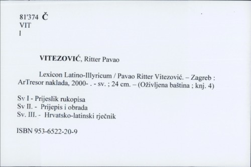 Lexicon Latino-Illyricum / Pavao Ritter Vitezović.