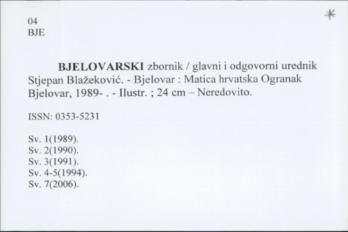 Bjelovarski zbornik / [glavni i odgovorni urednik] Stjepan Blažeković