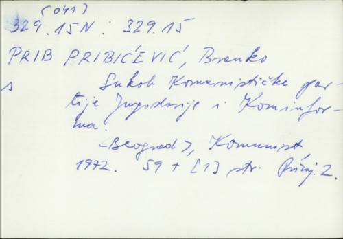 Sukob Komunističke partije Jugoslavije i Kominforma / Branko Pribićević.