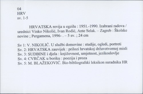 Hrvatska revija u egzilu : 1951.-1990. Izabrani radovi / urednici Vinko Nikolić, Ivan Rodić, Ante Selak