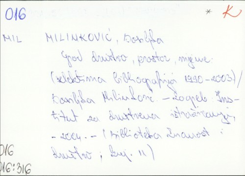 Grad: društvo, prostor, vrijeme : (selektivna bibliografija 1990.-2003.) / Bosiljka Milinković.