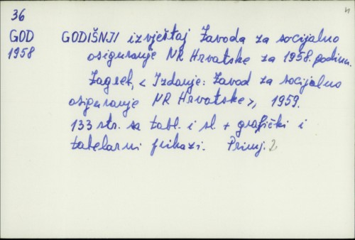 Godišnji izvještaj Zavoda za socijalno osiguranje NR Hrvatske za 1958. godinu /