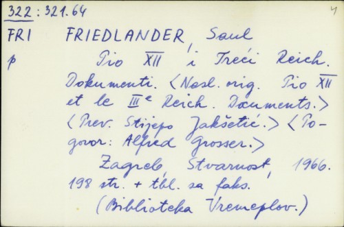 Pio XII i Treći Reich : dokumenti / Saul Friedlander