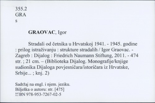Stradali od četnika u Hrvatskoj 1941.-1945. godine : prilog istraživanju : strukture stradalih / Ivan Graovac