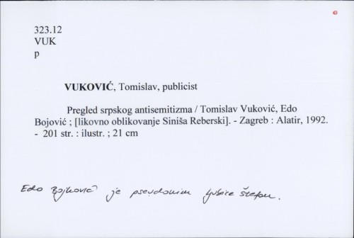 Pregled srpskog antisemitizma / Tomislav Vuković, Edo Bojović ; [likovno oblikovanje Siniša Reberski].