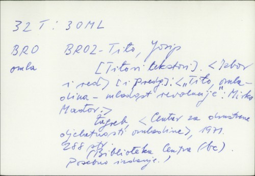 [Titovi tekstovi] : [izbor i red] ; [i predg.] ; ["Tito omladina-mladost revolucije"] : Mirko Mađar Josip Broz Tito