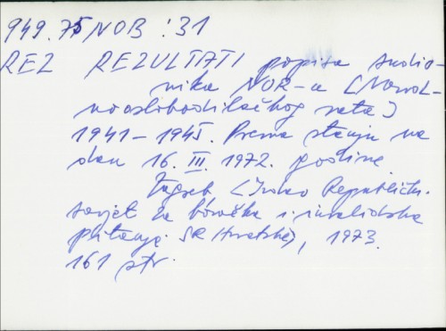 Rezultati popisa sudionika NOR-a 1941-1945 : prema stanju na dan 16. III 1972. godine / [predgovor Blaž Kalafatić].