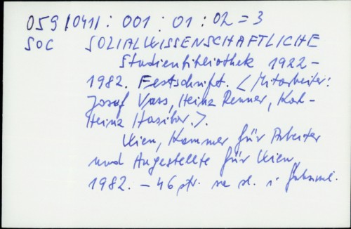 Sozialwissenschaftliche Studienbibliothek 1922 - 1982 : Festschrift / J. Vass i dr.