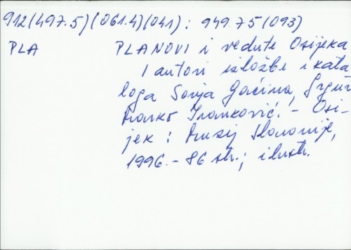 Planovi i vedute Osijeka : Muzej Slavonije, Osijek, srpanj 1996. / autori kataloga Sonja Gaćina, Grgur Marko Ivanković ; [prijevod Jasenka Denin ; fotografije Marin Topić].