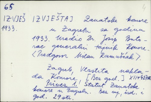 Izvještaj Zanatske komore u Zagrebu za godinu 1933. /