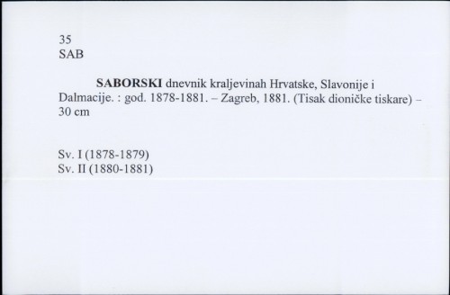 Saborski dnevnik kraljevinah Hrvatske, Slavonije i Dalmacije : god. 1878.-1881. /