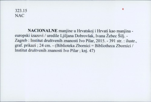 Nacionalne manjine u Hrvatskoj i Hrvati kao manjina - europski izazovi / uredile Ljiljana Dobrovšak, Ivana Žebec Šilj.