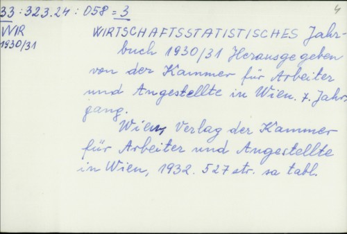 Wirtschaftsstatistisches Jahrbuch 1930./31. / hrsg. von der Kammer für Arbeiter und Angestellte in Wien