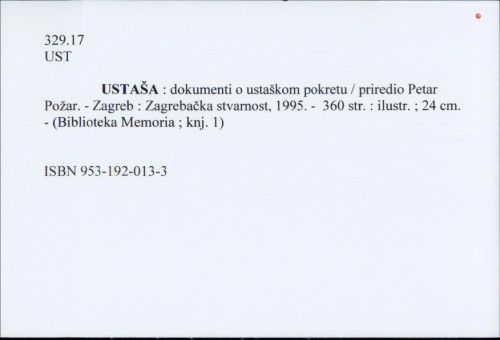 Ustaša : dokumenti o ustaškom pokretu / priredio Petar Požar.