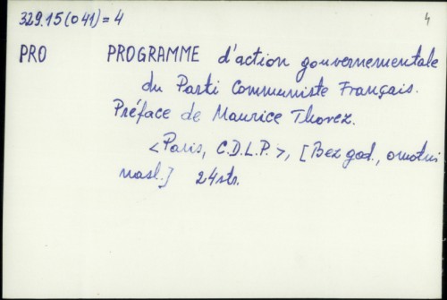 Programme d'action gouvernementale du Parti Communiste Francais / Predg. Maureice Thorez