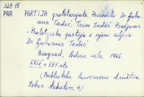 Partija proletarijata / priredili Ljubomir Tadić, Trivo Inđić.