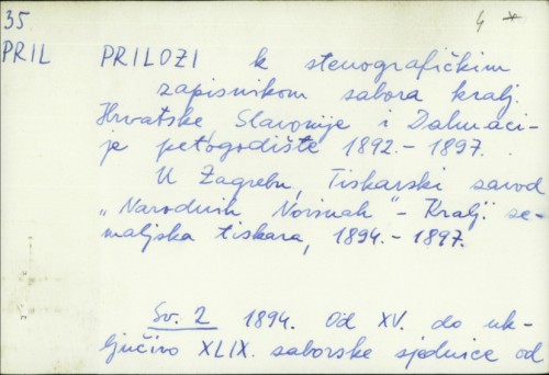 Prilozi k stenografičkim zapisnicima Sabora Kralj. Hrvatske, Slavonije i Dalmacije : petogodište 1892.-1897. /