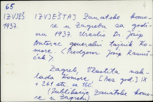 Izvještaj Zanatske komore u Zagrebu za godinu 1937. /
