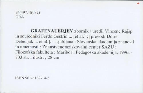 Grafenauerjev zbornik / uredil Vincenc Rajšp in souredniki Ferdo Gestrin ... [et al.]