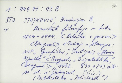 Razvitak filosofije u Srba 1804-1944. / Andrija B Stojković