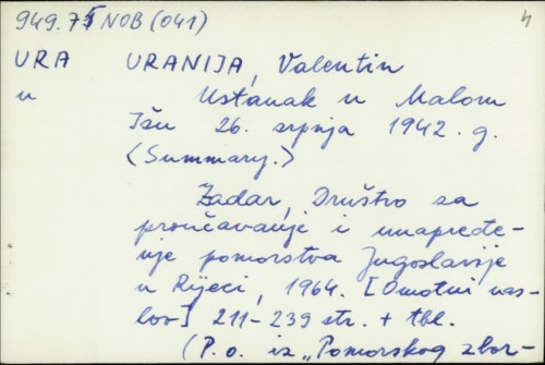 Ustanak u Malom Ižu 26. srpnja 1942. / Uranija Valentin.