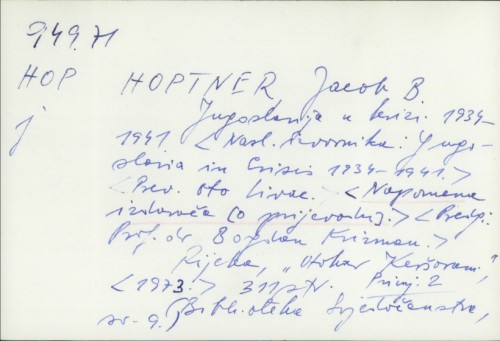 Jugoslavija u krizi : 1934.-1941. / Jacob B. Hoptner