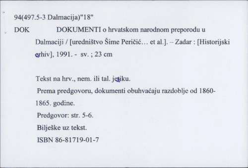 Dokumenti o hrvatskom narodnom preporodu u Dalmaciji /