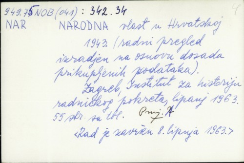 Narodna vlast u Hrvatskoj 1943. : (radni pregled izrađen na osnovu dosada prikupljenih podataka) /