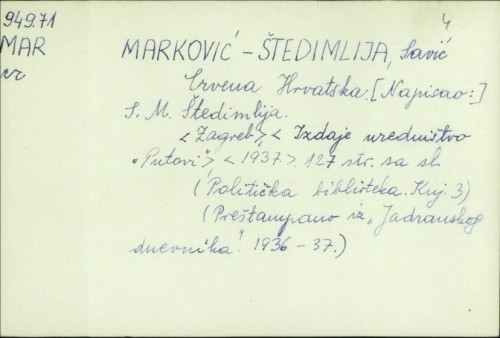Crvena Hrvatska / Savić Marković-Štedimlija