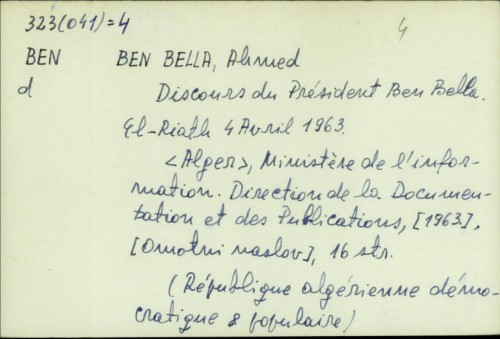 Discours du Président Ben Bella, El Riath 4 Avril 1963. / Ahmed Ben Bella