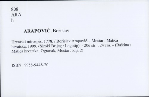 Hrvatski mirospis, 1778. / Borislav Arapović