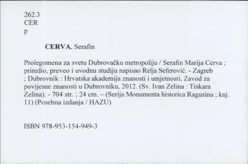 Prolegomena za svetu Dubrovačku metropoliju / Serafin Marija Cerva