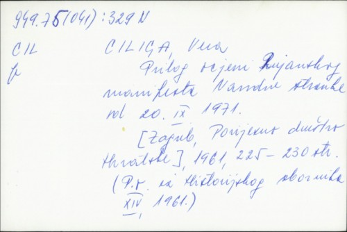 Prilog ocjeni Rujanskog manifesta Narodne stranke od 20. IX. 1971. / Vera Ciliga