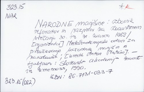 Narodne manjšine zbornik referatov in razprav na znanstvenem srečanju 30. in 31. marca 1989 uredil Anton Vratuša