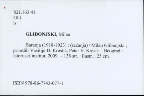 Baranja (1918-1923) : (sećanja) / Milan Glibonjski