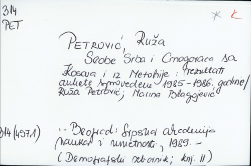 Seobe Srba i Crnogoraca sa Kosova i iz Metohije : rezultati ankete sprovedene 1985-1986. godine / Ruža Petrović, Marina Blagojević.