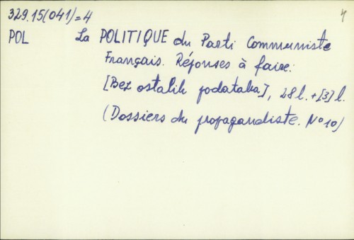 La politique du parti Communiste Francais : Reponses a faire /