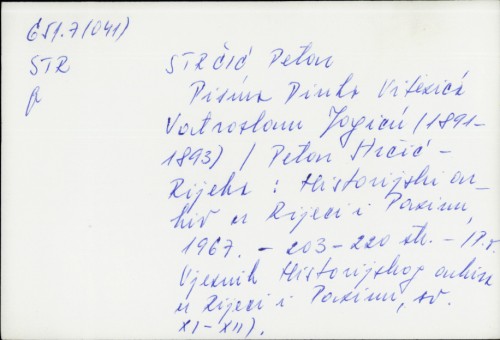Pisma Dinka Vitezića Vatroslavu Jagiću : (1891-1893) / Petar Strčić.