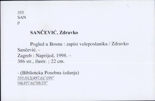 Pogled u Bosnu : zapisi veleposlanika / Zdravko Sančević.