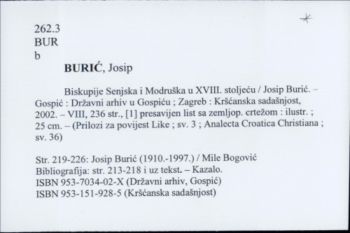 Biskupije Senjska i Modruška u XVIII. stoljeću / Josip Burić