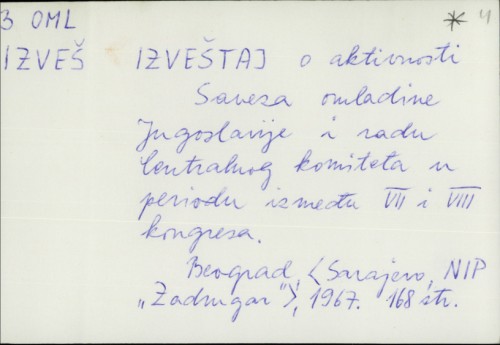 Izveštaj o aktivnosti Saveza omladine Jugoslavije i radu Centralnog komiteta u periodu između VII i VIII kongresa /