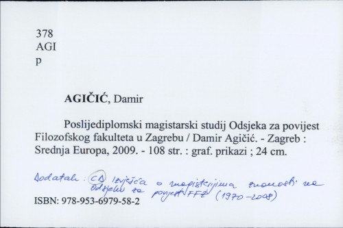 Poslijediplomski magistarski studij Odsjeka za povijest Filozofskog fakulteta u Zagrebu / Damir Agičić