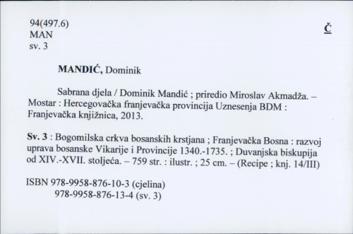 Sabrana djela / Dominik Mandić ; priredio Miroslav Akmadža.