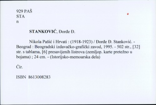 Nikola Pašić i Hrvati : (1918-1923) / Đorđe Đ. Stanković.