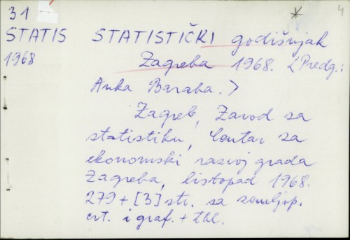 Statistički godišnjak Zagreba 1968. / Predg. Anka Baraba